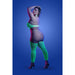 Curvy model wearing neon green UV reactive high neck bodystocking with matching G-string and thigh-high fishnet stockings against blue background.