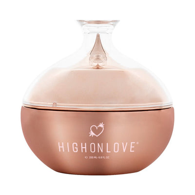 Highonlove Cannabis Body Butter in a rose gold jar with a clear, dome-shaped lid, 200ml size.