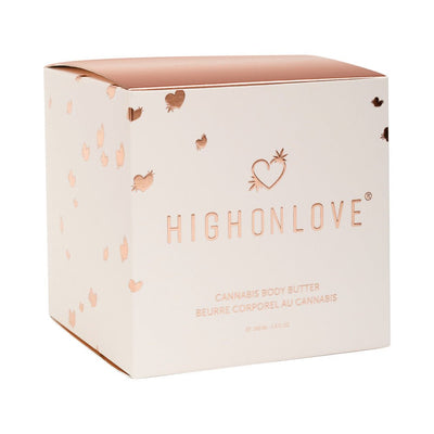 Highonlove Cannabis Body Butter packaging box with rose gold accents and branding on a white background.