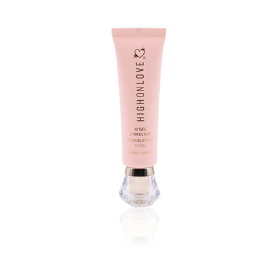 HighOnLove Diamond Stimulating O'Gel in a soft pink tube with a faceted clear cap, standing upright on white background.