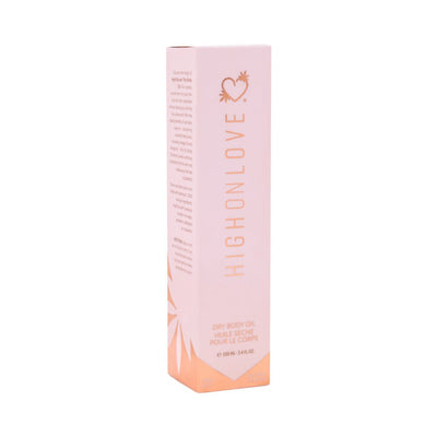Highonlove Dry Body Oil Spray in pink and orange box packaging, 100ml size, with elegant branding and product details.