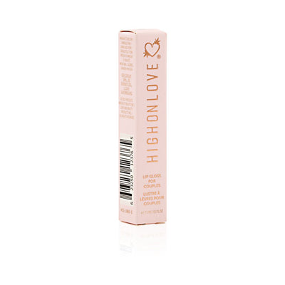 Highonlove Mini Lip Gloss packaging in soft pink with gold lettering, designed for couples' lip care and enhancement.