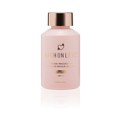 HighOnLove Sensual Massage Oil in a frosted pink bottle with rose gold cap and elegant gold lettering, 100ml size.