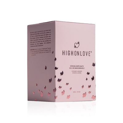 HighOnLove Sensual Bath Salts box in soft pink with rose petal design and lavender rosemary scent labeling.