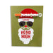 Holiday greeting card with a Santa face wearing sunglasses and a red glitter hat, featuring a one hitter pipe attached.