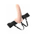 8-inch realistic hollow strap-on dildo with adjustable black elastic harness on white background.