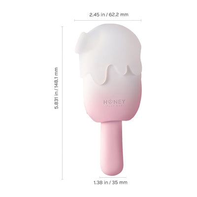 Pink and white cream pop-shaped stimulator with dimensions labeled, featuring a smooth silicone finish and Honey Play Box logo.