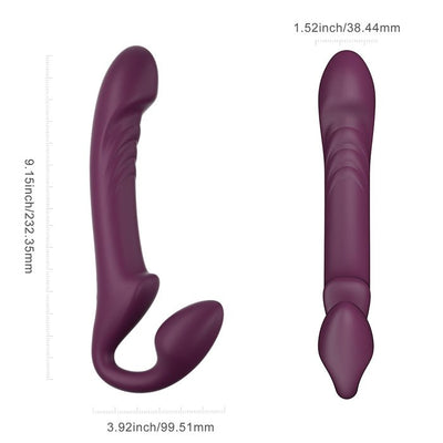 Purple strapless strap-on with rotating head and ergonomic bulbous end, shown with size measurements.