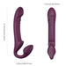 Purple strapless strap-on with rotating head and ergonomic bulbous end, shown with size measurements.