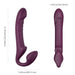 Purple strapless rotating head strap-on with curved shaft and bulbous end, shown with size measurements.