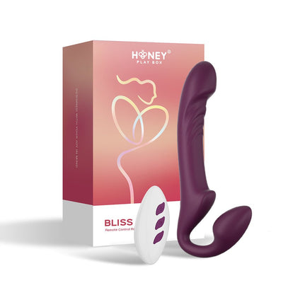 Honey Play Box Bliss strapless strap-on in deep purple with remote control and branded packaging box.