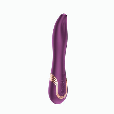 Purple curved oral licking vibrator with rose gold accents and smooth silicone finish against white background.