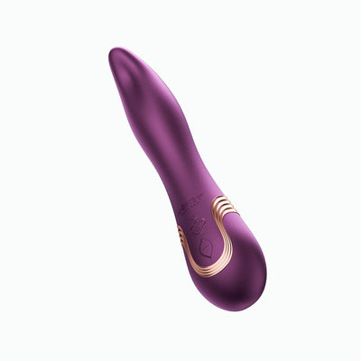 Purple tongue-like oral licking vibrator with curved tip and rose gold accents on a white background