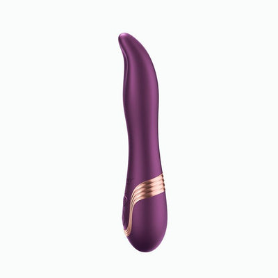 Sleek purple curved vibrator with rose gold accents and smooth silicone finish, designed for targeted internal stimulation.
