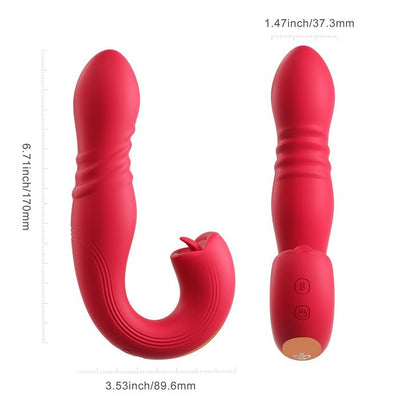Red app-controlled thrusting vibrator and clitoral stimulator with ergonomic design and control buttons, shown with size dimensions.