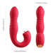 Red app-controlled thrusting vibrator and clitoral stimulator with ergonomic design and control buttons, shown with size dimensions.