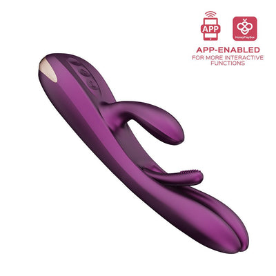 Purple app-controlled Honey Play Box Terri vibrator with hollowed shaft and dual stimulation arms on white background.