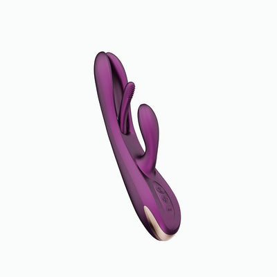 Purple app-controlled rabbit vibrator with hollowed shaft and textured clitoral stimulator in sleek silicone design
