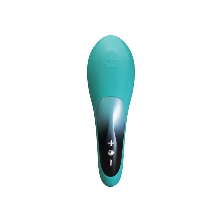 Turquoise Hot Octopuss Pulse Queen vibrator with sleek black control panel and three buttons on a white background.