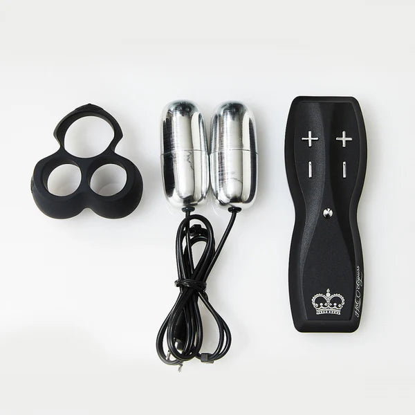 Black silicone sleeve, two silver bullet vibrators with cord, and black remote control with plus and minus buttons.