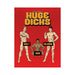 Cover of Huge Dicks adult coloring book featuring three illustrated muscular men on a red background with bold yellow title text.