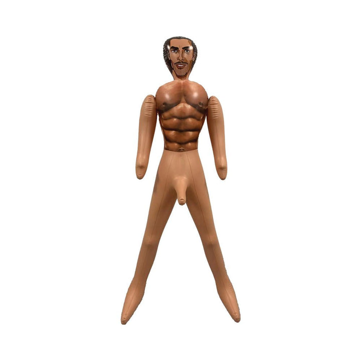 Tan inflatable male doll with muscular torso and illustrated facial features standing upright on white background.
