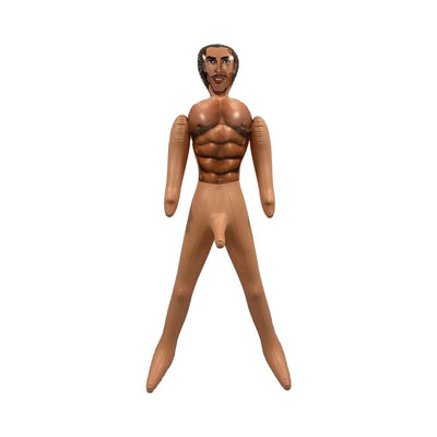 Tan inflatable male doll with muscular torso and illustrated facial features standing upright on white background.
