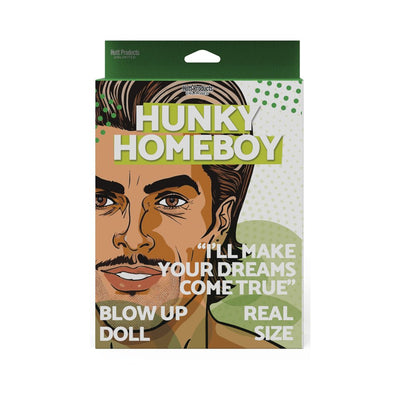 Packaging of Hunky Homeboy blow up doll featuring illustrated tan male face and bold green and white text.