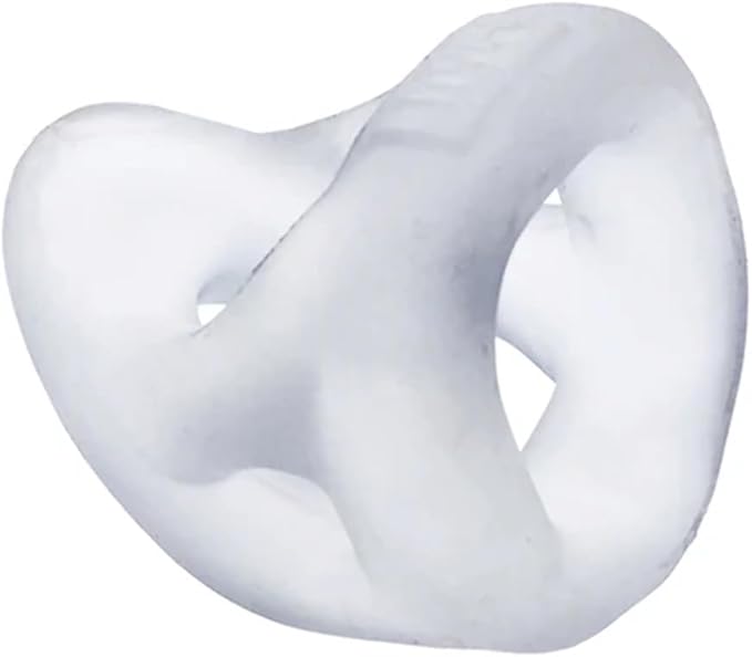 White teardrop-shaped three-ring sling made from soft silicone blend for ergonomic comfort and support.