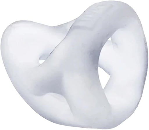 White teardrop-shaped three-ring sling made from soft silicone blend for ergonomic comfort and support.