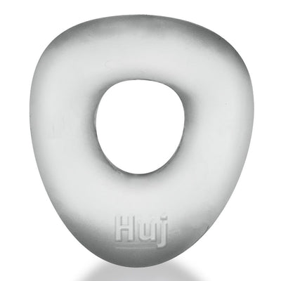 White soft silicone cockring with a unique rounded triangular shape and embossed Huj logo.