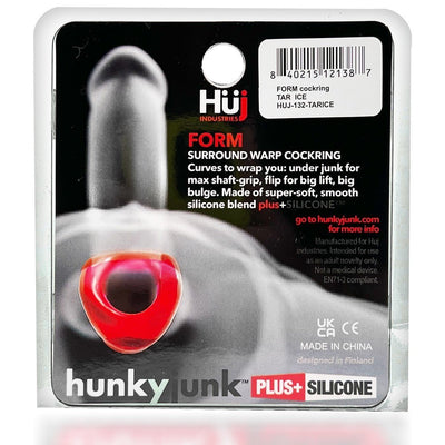 Hunkyjunk Form Surround Cockring in red displayed on black and white packaging with product details and branding.