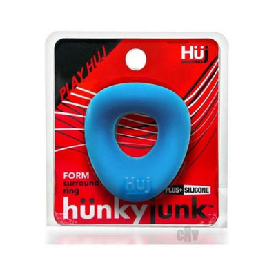 Blue Hunkyjunk Form Surround cockring in clear packaging with red and black background design.