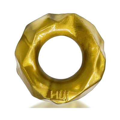 Gold metallic textured Hunkyjunk Fractal Tactile Cockring with a faceted design and embossed logo.