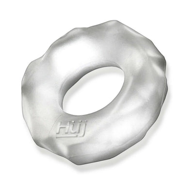 Silver textured Hunkyjunk Fractal Tactile Cockring with a matte finish and embossed logo on a white background.