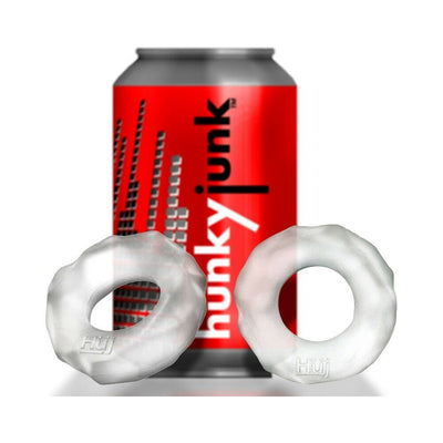 Two white textured Hunkyjunk Fractal tactile cockrings displayed in front of a red Hunkyjunk branded can.