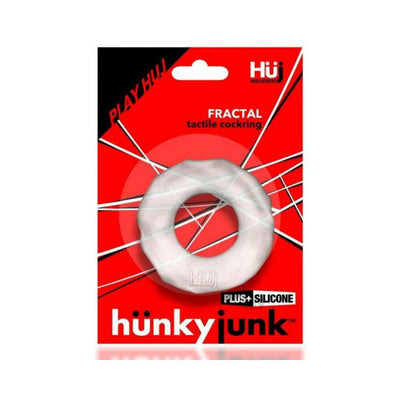 Hunkyjunk Fractal tactile cockring in white silicone displayed on red and black branded packaging.
