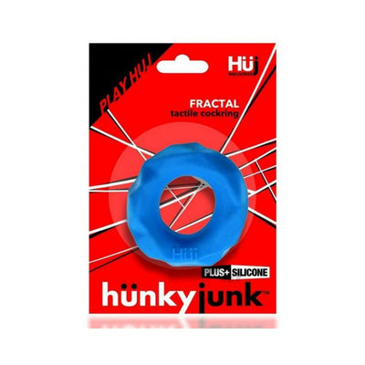 Blue textured Hunkyjunk Fractal tactile cockring on red and black branded packaging with Plus+ Silicone label.