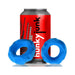 Two blue textured Hunkyjunk Fractal Tactile Cockrings displayed in front of a red Hunkyjunk branded can.