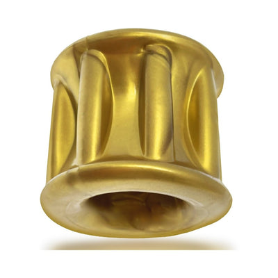 Glossy metallic bronze hourglass-shaped ballstretcher with eight raised ribs and a soft rubbery finish.