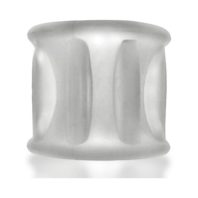 Clear soft silicone and TPR ballstretcher with eight raised ribs and a smooth, stretchy hourglass shape.