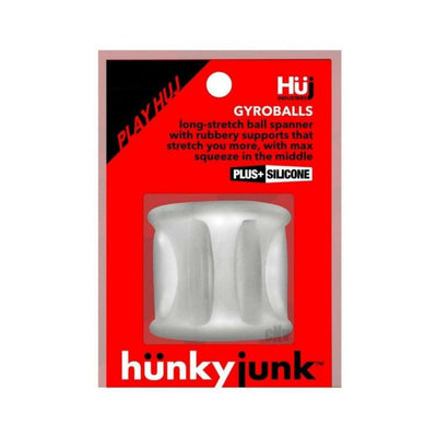 Hunkyjunk Gyroballs ballstretcher in translucent silicone displayed in red and black branded packaging.
