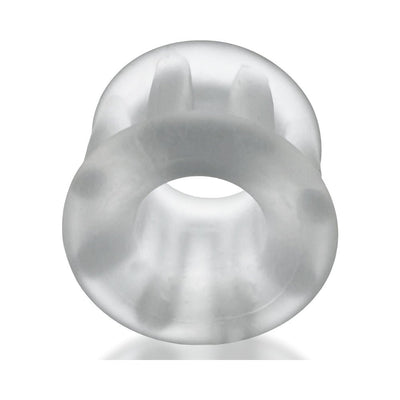 Translucent soft silicone and TPR ballstretcher with ribbed texture and hourglass shape for comfortable stretch.