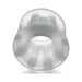 Translucent soft silicone and TPR ballstretcher with ribbed texture and hourglass shape for comfortable stretch.