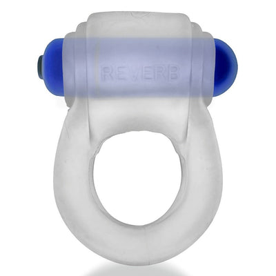 Clear stretchy cockring with attached blue bullet vibrator labeled Reverb, designed for comfortable fit and stimulation.