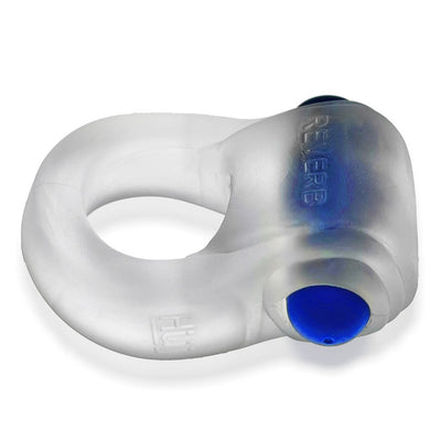 Clear frosted silicone cockring with integrated blue bullet vibrator on top, designed for comfortable fit and discreet stimulation.