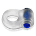 Clear frosted silicone cockring with integrated blue bullet vibrator on top, designed for comfortable fit and discreet stimulation.