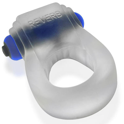 Translucent gray stretchy cockring with integrated blue bullet vibrator labeled REVERB, designed for comfortable fit and stimulation.