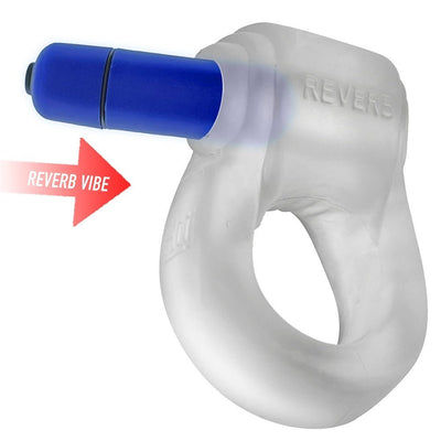 Clear silicone cockring with attached blue bullet vibrator labeled Reverb vibe for enhanced stimulation.