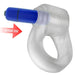 Clear silicone cockring with attached blue bullet vibrator labeled Reverb vibe for enhanced stimulation.
